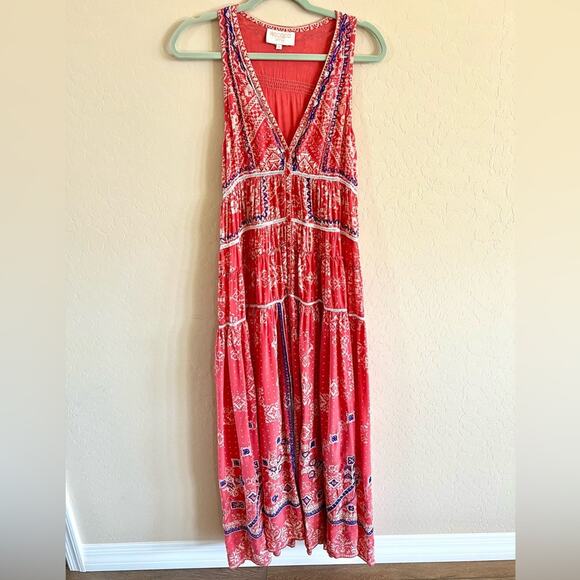Rococo Sand x Revolve coral red and blue embroidered silk maxi dress - Picture 3 of 12